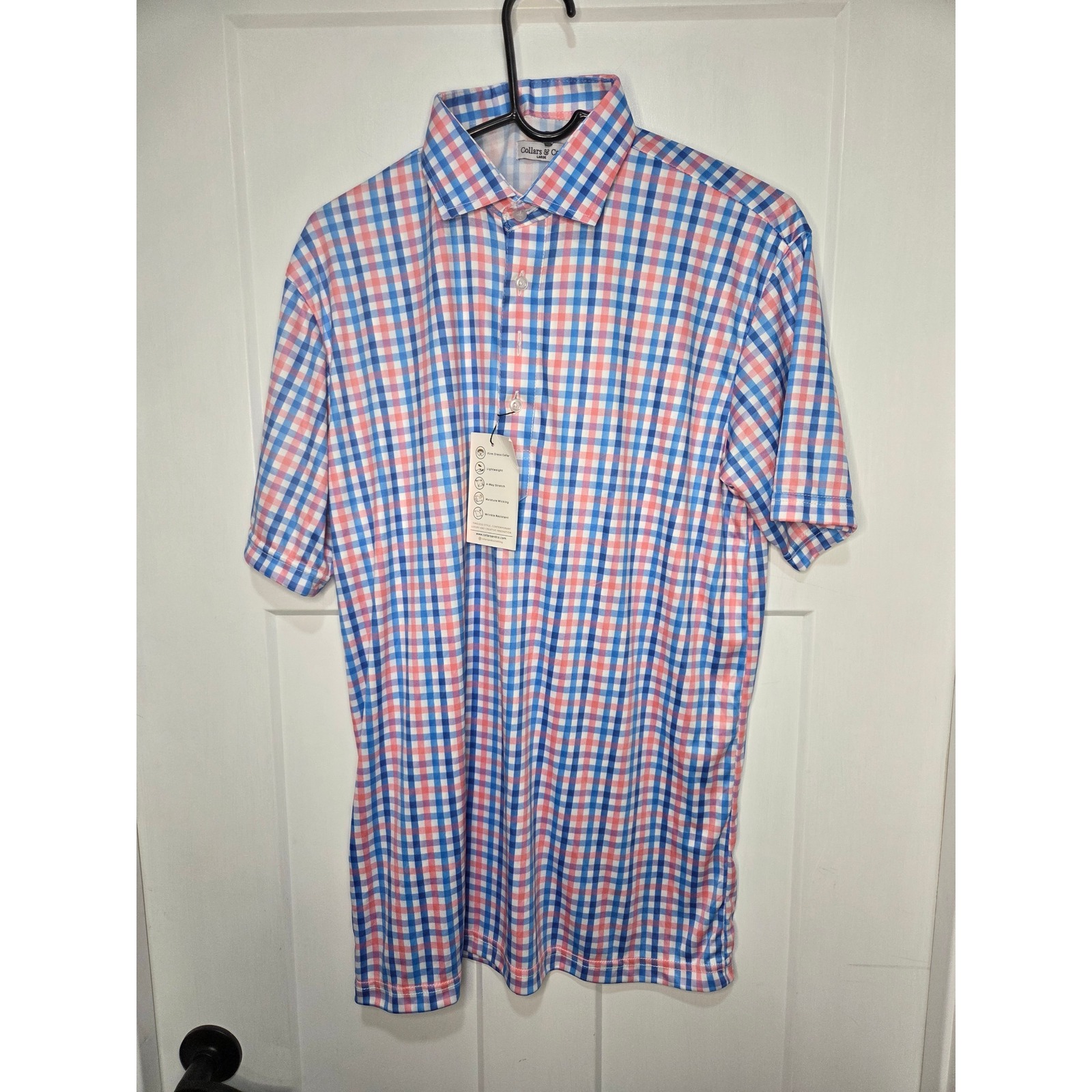 Collars & Co Mens Dress Collar Polo Shirt Pink Blue Gingham Check Large Nwt
